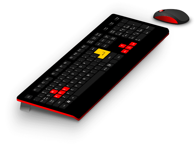 מקלדת אלחוטית שחורה עם אורות אדומים ועכבר
